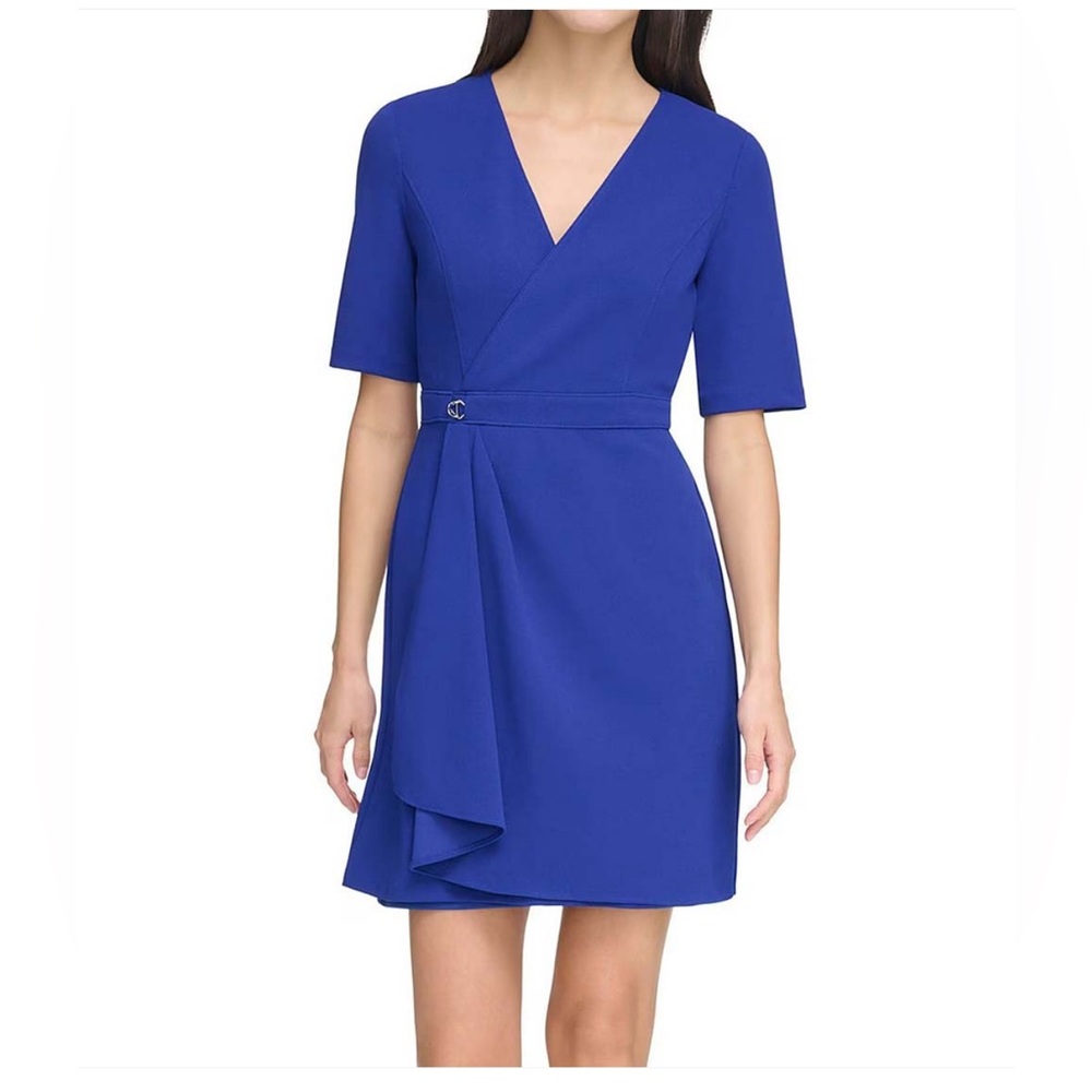 Brand New DKNY Women's Short-Sleeve Royal Blue Faux-Wrap Dress, Size 2, NWT - Picture 2 of 4